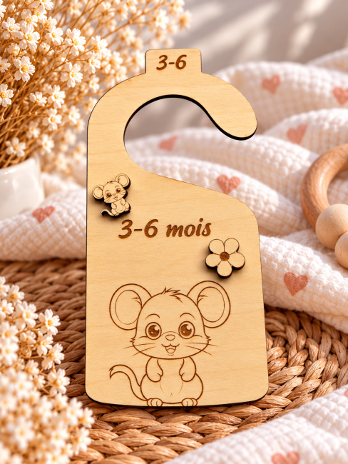 Séparateur vêtements bébé 6 mois – Souris Séparateur de penderie bébé 6 mois en bois avec souris gravée et fleur