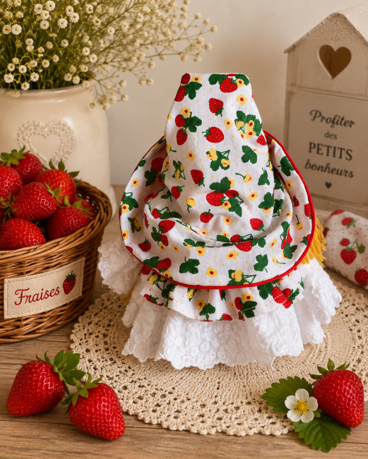 Arrière du gnome fraise artisanal et ses détails couture. Dos du gnome fraise artisanal montrant le bonnet imprimé fraises et les finitions textiles.
