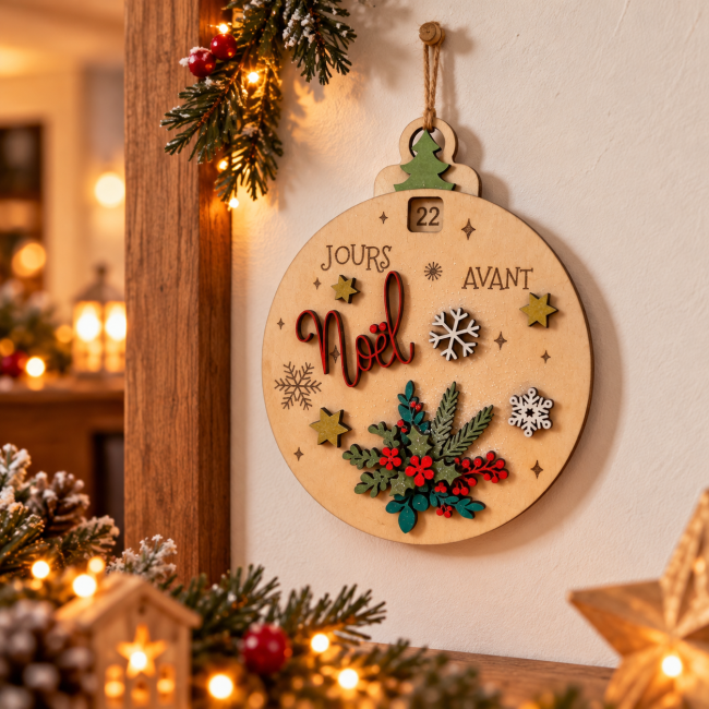 Compte à rebours de Noël en bois artisanal suspendu au mur, décoré de feuillages, étoiles dorées et flocons, avec mécanisme sapin vert.
