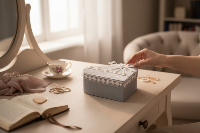 Boîte à bijoux décorative dans un intérieur shabby chic