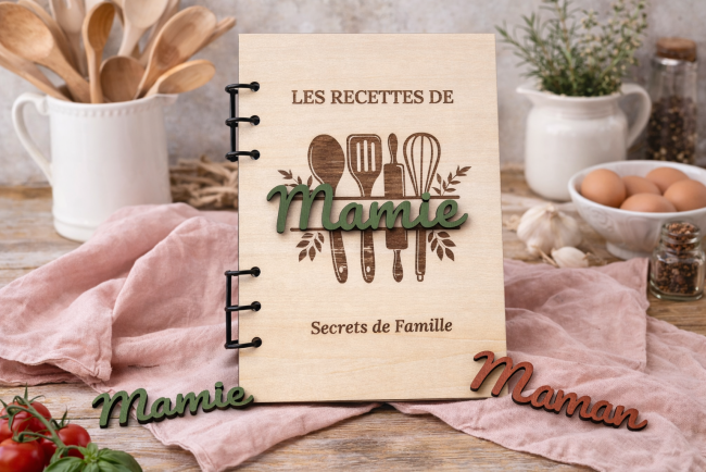 Livre de recettes personnalisé en bois Modèle 3 – idée cadeau fête des mères ou grands-mères