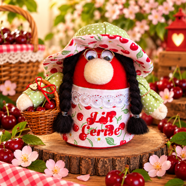 Lili Cerise – gnome décoratif artisanal Gnome Lili Cerise fait main en tissu rose à cerises