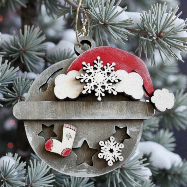 Ornement de sapin en bois – Grelot avec bonnet rouge Suspension de Noël en bois avec bonnet rouge et blanc, accrochée au sapin