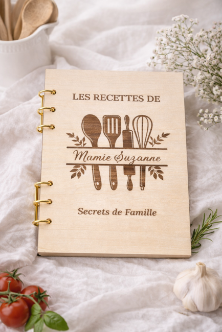 Livre de recettes personnalisé en bois Modèle 1 pour mamie – idée cadeau fête des grands-mères