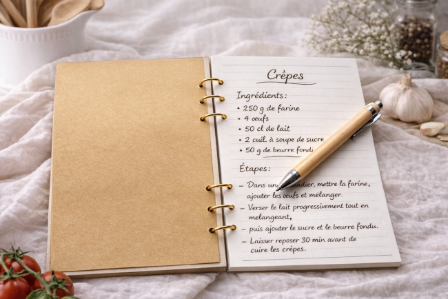 Livre de recettes personnalisé en bois ouvert avec recette manuscrite – exemple recette de crêpes
