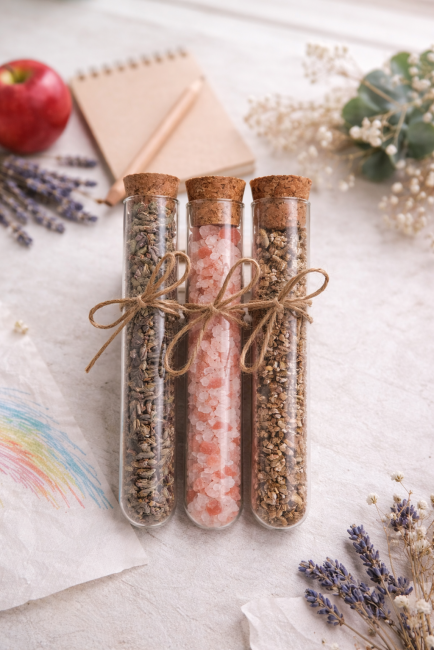 tubes en verres contenant de la lavande, sel rose ou graines 