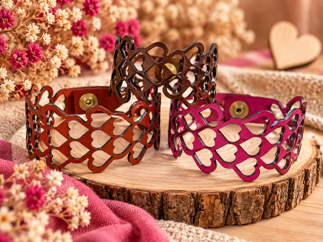 Bracelets cuir femme Dentelle de cœurs – Fabrication artisanale française Bracelets manchette femme en cuir véritable à cœurs ajourés superposés, coloris fauve, rouge et fuchsia