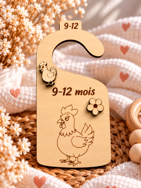 Séparateur vêtements bébé 12 mois – Poule Séparateur de penderie bébé 12 mois en bois avec poule gravée et décoration fleur