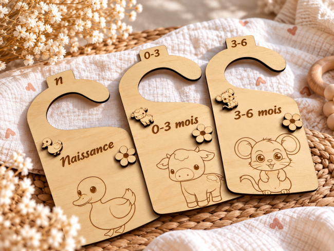 Séparateurs penderie bébé – Animaux de la ferme Séparateurs de vêtements bébé en bois avec animaux de la ferme et fleurs en relief