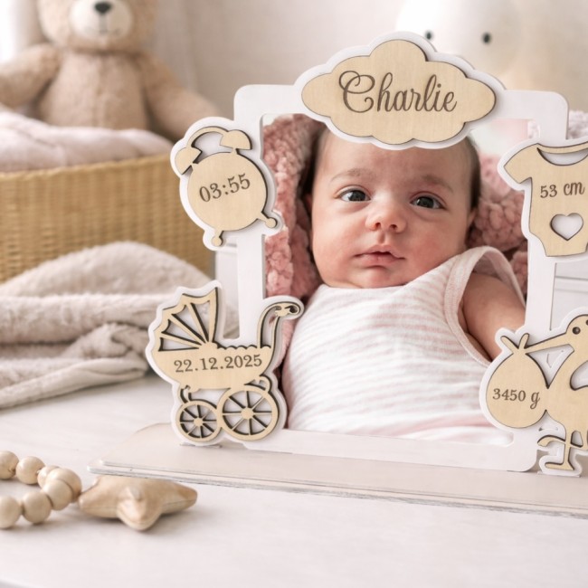 cadre naissance personnalisé bébé avec photo  prénom date poids et taille en bois