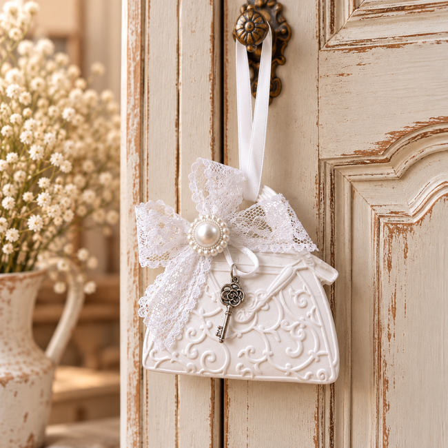 Diffuseur en plâtre blanc représentant un sac vintage suspendu à une armoire patinée, avec nœud en dentelle et breloque clé. Diffuseur de parfum suspendu – Sac vintage shabby chic
