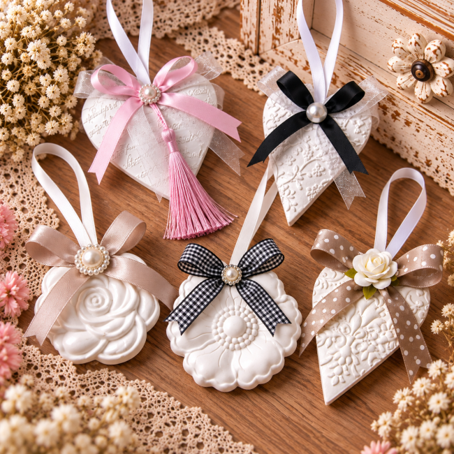 Cinq diffuseurs de parfum en plâtre blanc artisanaux, décorés de rubans et de fleurs, présentés sur une table en bois Collection de 5 diffuseurs de parfum en plâtre shabby chic faits main
