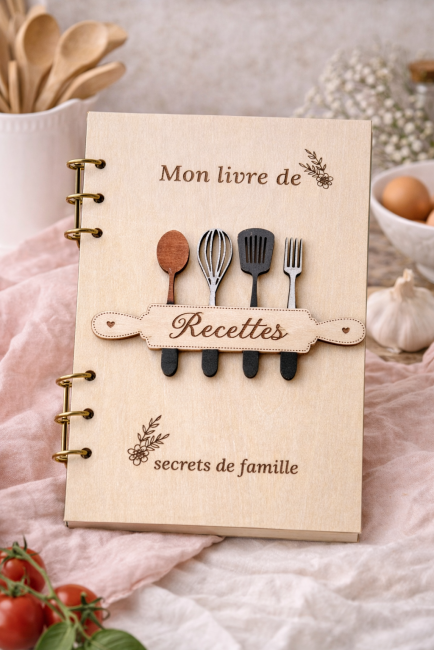 Livre de recettes en bois gravé Modèle 2 – cadeau  mamie ou maman