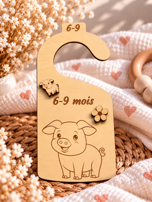 Séparateur penderie bébé 9 mois – Cochon Séparateur de vêtements bébé 9 mois en bois avec petit cochon gravé