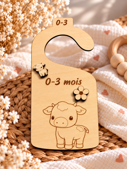 Séparateur penderie bébé 3 mois – Vache Séparateur de vêtements bébé 3 mois en bois avec petite vache gravée