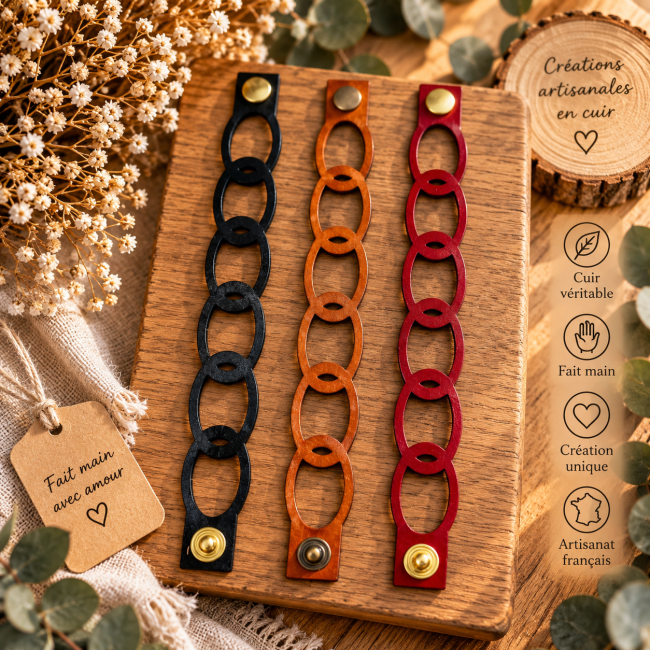 Bracelet manchette cuir femme – 3 coloris Bracelets manchette cuir femme maillons ovales fauve noir rouge