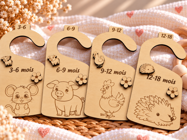 Séparateurs bébé en bois – Détails artisanaux Quatre séparateurs de vêtements bébé en bois décorés d'animaux gravés