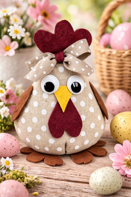 poule décorative de Pâques en tissu lin à pois fait main