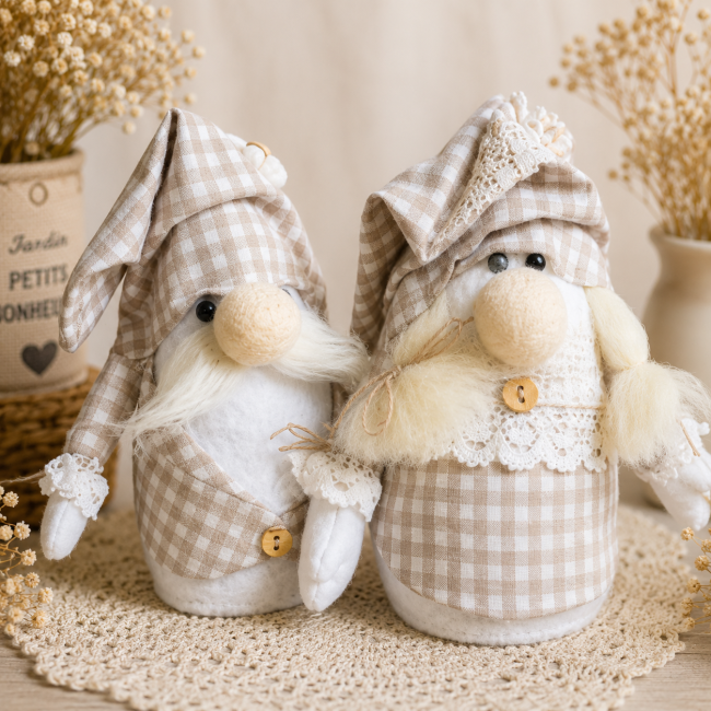 Couple de gnomes artisanaux décoration maison Couple de gnomes décoratifs artisanaux en tissu beige et blanc présentés ensemble pour une décoration chaleureuse et naturelle