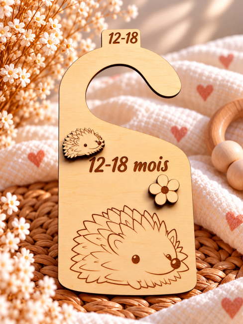 Séparateur penderie bébé 18 mois – Hérisson Séparateur de vêtements bébé 18 mois en bois naturel avec hérisson gravé