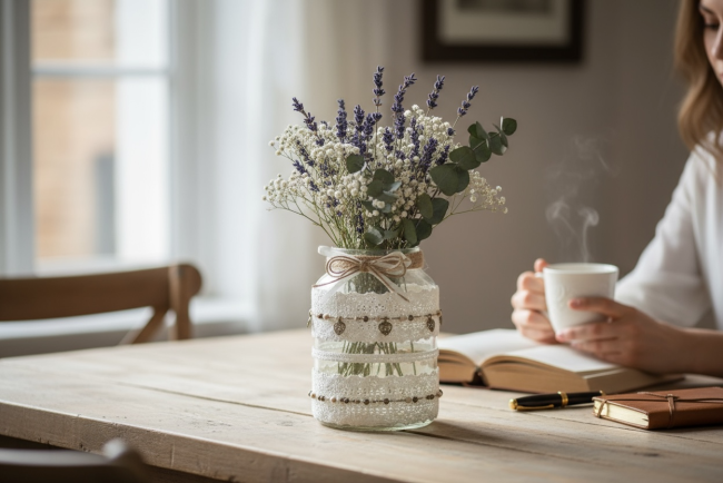 Idée déco mariage champêtre avec vase en dentelle Décoration de table mariage champêtre avec vase M1 et fleurs séchées