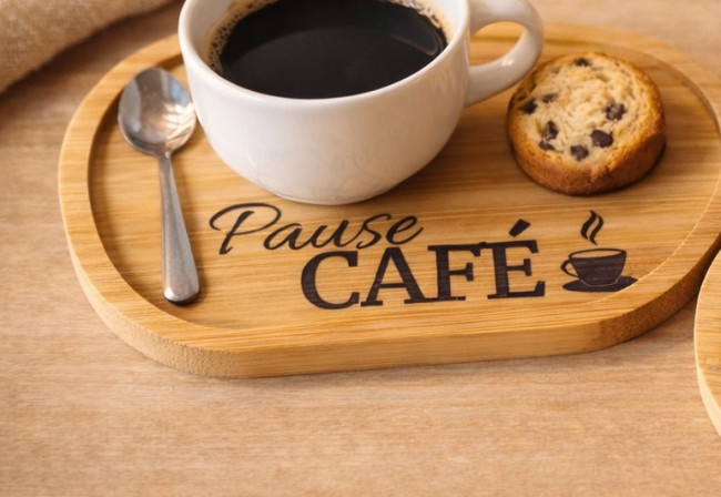 plateau en bambou gravé pause café avec tasse idée cadeau cuisine