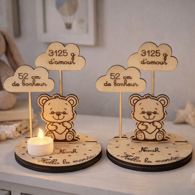 Veilleuse naissance personnalisée en bois avec ourson gravé et informations du bébé