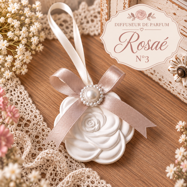 Diffuseur de parfum en forme de rose blanche en relief, décoré d'un ruban satiné taupe rosé et d'une perle centrale, posé à plat. Diffuseur Rosaé – Rose blanche en plâtre artisanal