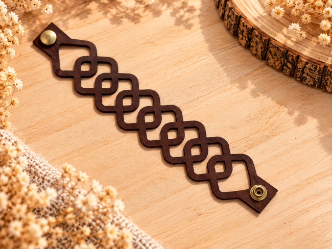 Bracelet cuir caramel artisanal – Vue à plat Bracelet manchette en cuir véritable caramel à arabesques entrelacées ajourées