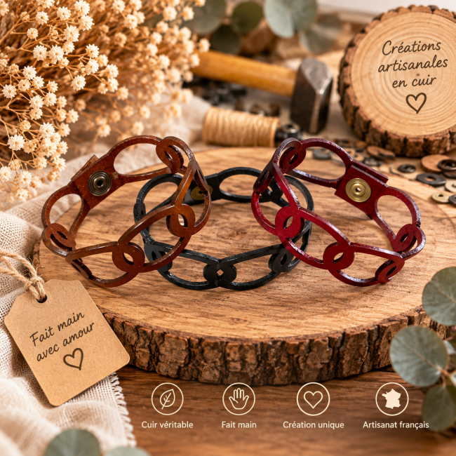 Bracelets manchette en cuir artisanal – L’Atelier du Val-Rousergue Bracelets manchette femme cuir véritable fauve noir rouge fait main