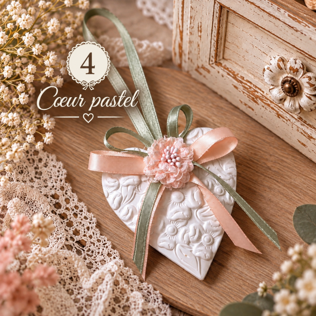 Cœur pastel n° 4 – Diffuseur de parfum romantique fait main Diffuseur de parfum cœur pastel n° 4 en plâtre blanc décoré de rubans rose poudré et vert sauge avec fleur rose