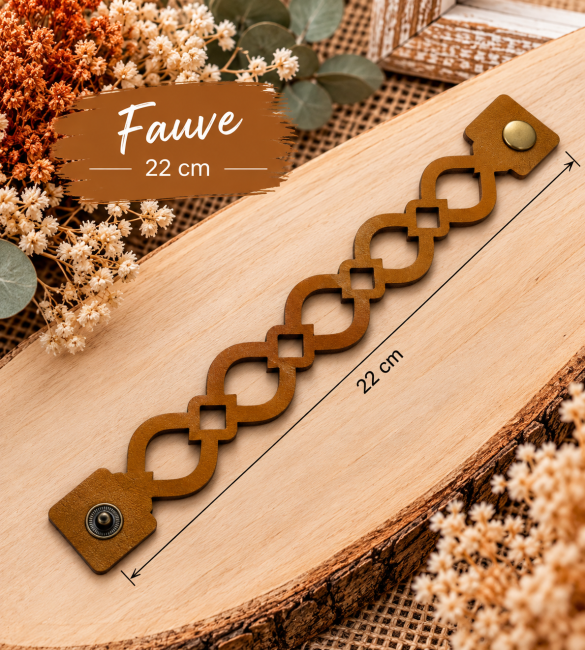 Bracelet en cuir véritable couleur fauve de 22 cm aux motifs géométriques découpés
