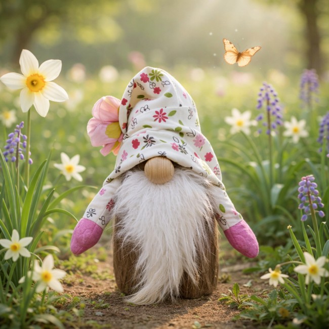 gnome de Pâques décoratif dans un jardin printanier avec fleurs et papillon