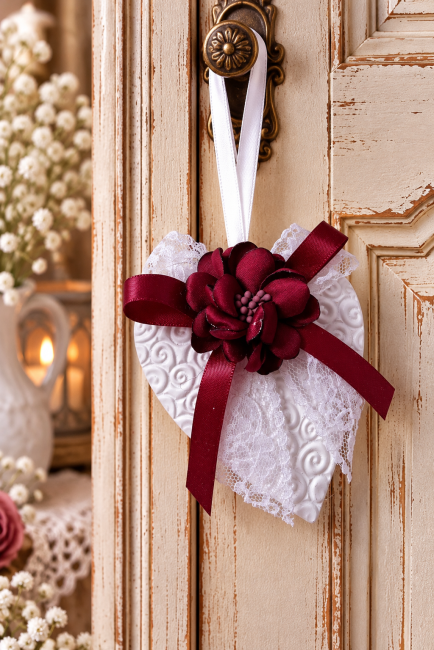 Cœur bordeaux suspendu – Décoration parfumée shabby chic Diffuseur de parfum cœur bordeaux suspendu à une armoire ancienne avec fleur rouge foncé, ruban satin et dentelle