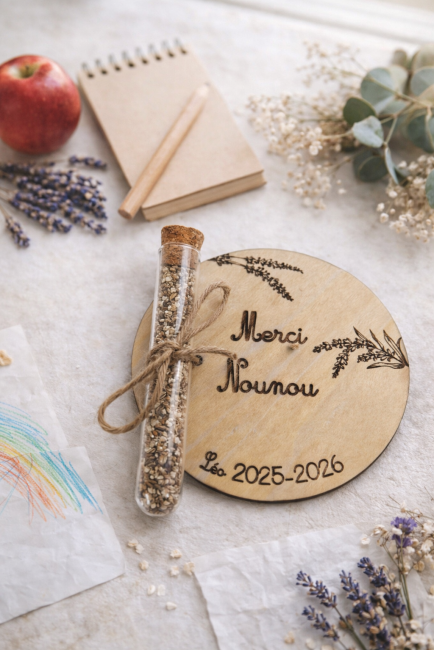 cadeau nounou personnalisé médaille bois gravée fin d’année scolaire