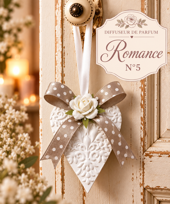 Diffuseur artisanal Romance en forme de cœur blanc, décoré d'un nœud taupe à pois et d'une rose ivoire, suspendu à une porte vintage. Diffuseur Romance – Cœur shabby chic à suspendre