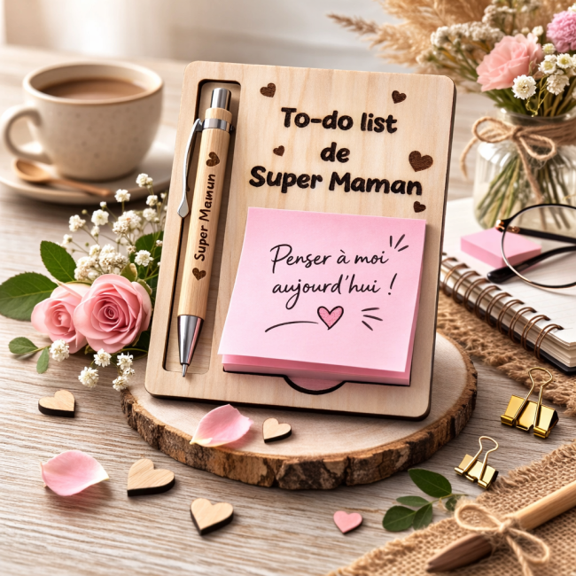 Bloc notes en ois gravé To-do list de super Maman avec stylo en bambou et post-it