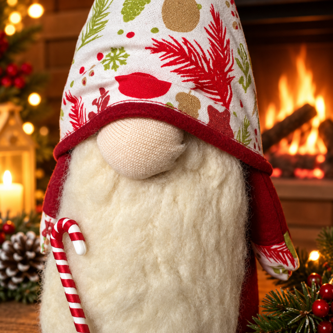 Détails du gnome de Noël fait main – bonnet et barbe blanche
