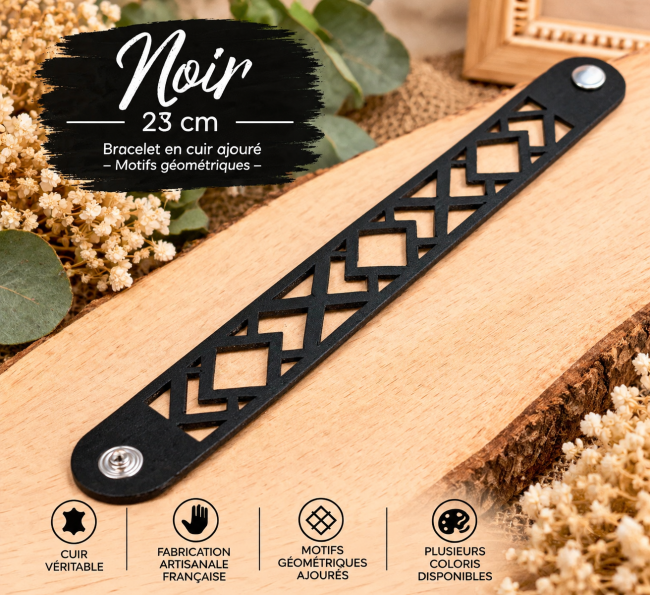 Bracelet en cuir noir 23 cm avec motifs de losanges et triangles ajourés, fabrication artisanale française