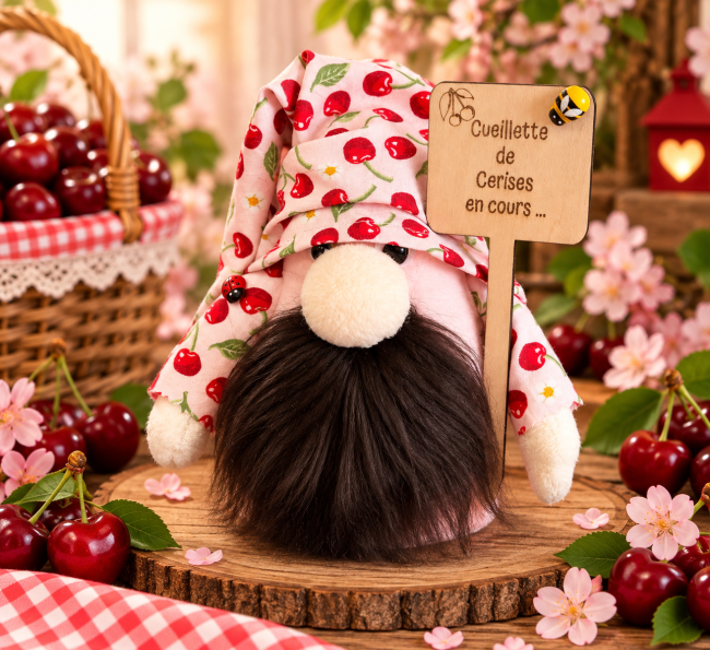Monsieur Cerise et son panneau gravé Gnome Monsieur Cerise panneau Cueillette de Cerises en cours