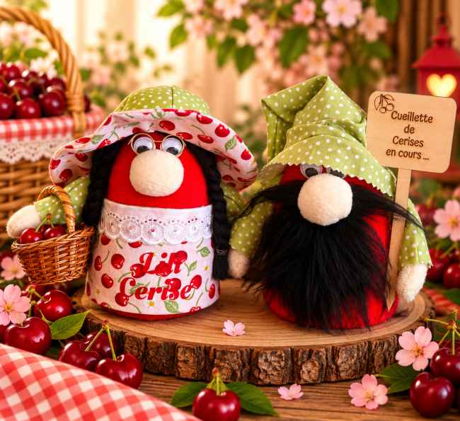 Lili Cerise et son compagnon – couple de gnomes artisanaux Couple de gnomes Cerise faits main Lili Cerise et compagnon