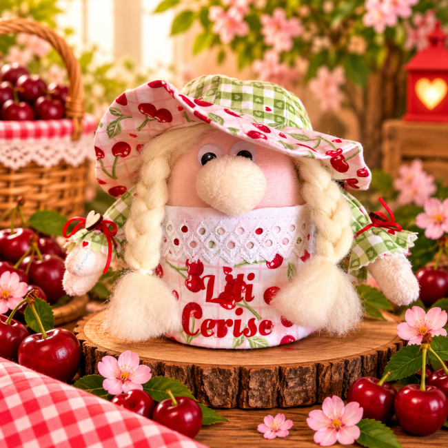 Lili Cerise – gnomette artisanale Gnomette Lili Cerise artisanale avec chapeau rose et vert