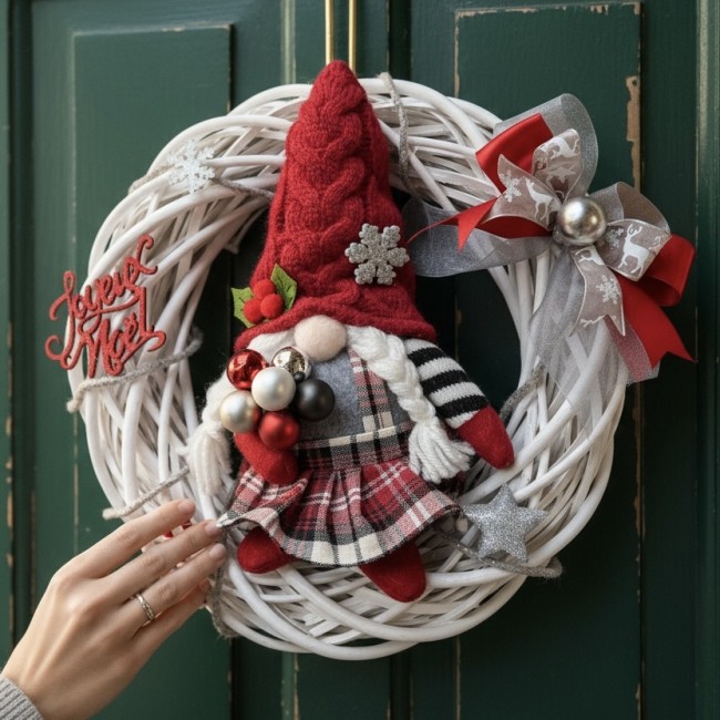 Mise en situation de la couronne de Noël sur une porte d’entrée couronne accrochée sur une porte en bois