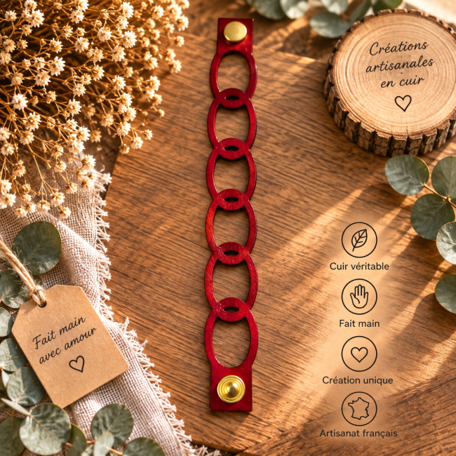 Bracelet artisanal en cuir rouge femme Bracelet manchette cuir rouge femme maillons ovales artisanal