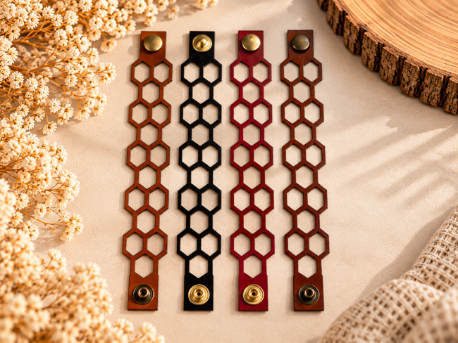 Bracelets en cuir mixtes – 4 coloris Bracelets mixtes en cuir véritable noir rouge fauve et caramel à motifs hexagonaux ajourés