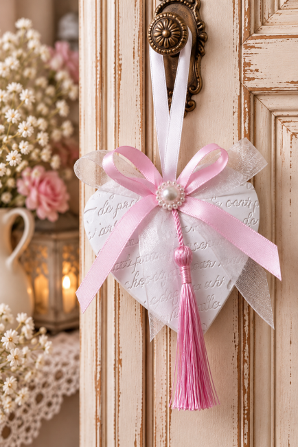 Diffuseur en plâtre Douceur, cœur blanc décoré d'un nœud rose et d'un pompon, suspendu à une porte ancienne shabby chic. Diffuseur Douceur – Cœur parfumé à suspendre