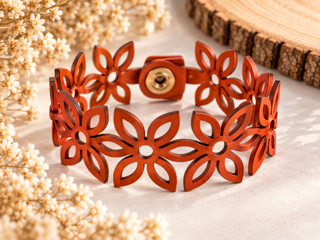 Bracelet manchette cuir orange femme motif fleurs ajourées fait main
