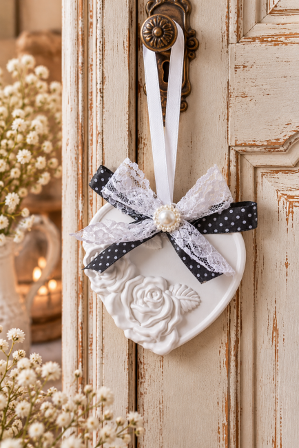 Diffuseur de parfum cœur blanc aux roses en relief, suspendu à la poignée d'une porte ancienne avec dentelle et ruban noir à pois. Cœur parfumé à suspendre – Roses et dentelle shabby chic