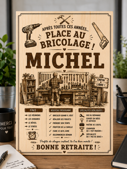 Cadeau retraite bricoleur personnalisé Michel – Panneau humoristique en bois Panneau retraite bricoleur personnalisé en bois avec prénom Michel