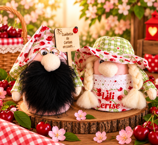Lili Cerise et son compagnon – couple de gnomes artisanaux Couple de gnomes cerise artisanaux Lili Cerise et son compagnon